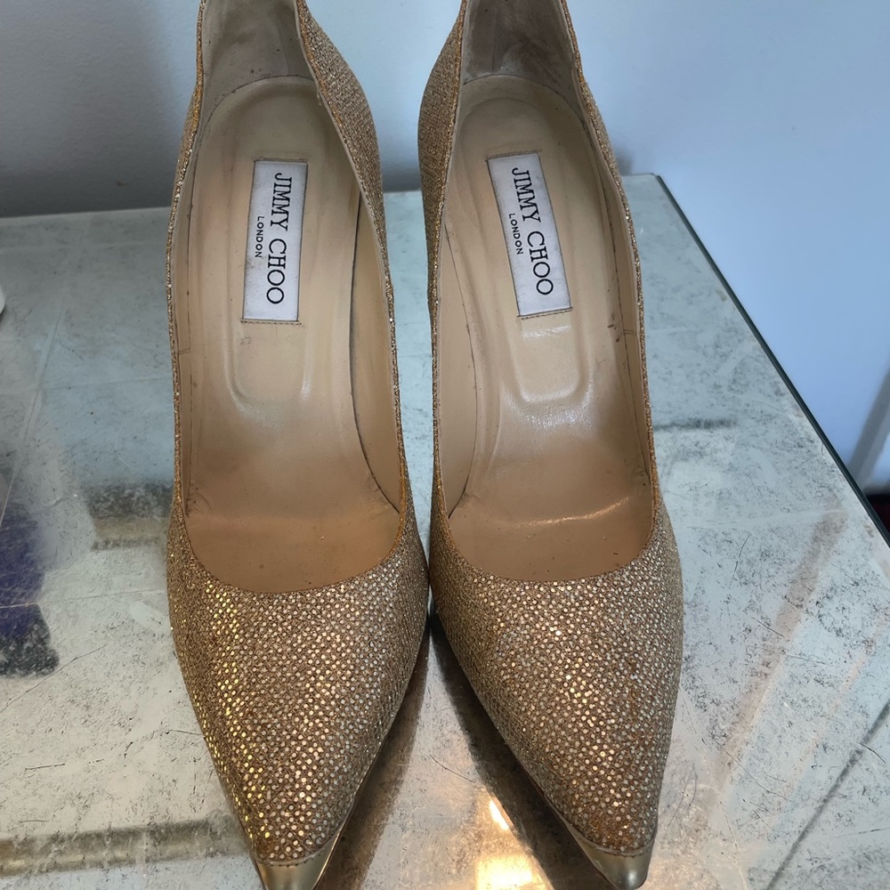 Jimmy Choo Gold Glitter Mirrored Pumps Gem